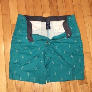 Teal Dress Shorts with little pink flamingos on it